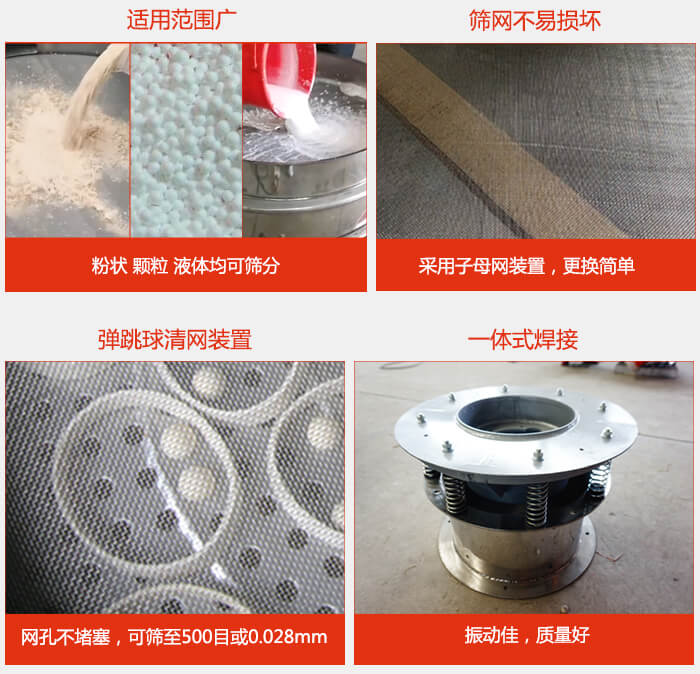 食品振動篩特點：1，效率高？：效率高，設計精巧耐用，任何粉類，粘液軍可篩分。2，操作簡單采用優質材料，換網容易，操作簡單，清洗方便。3，網孔不堵塞粉末不飛揚，可篩至500目或0.028mm4，精細做工產品經過嚴格加工程序，做工精細美觀耐用。5，獨特網架設計篩網使用時間長久，換網只需3-5分鐘。