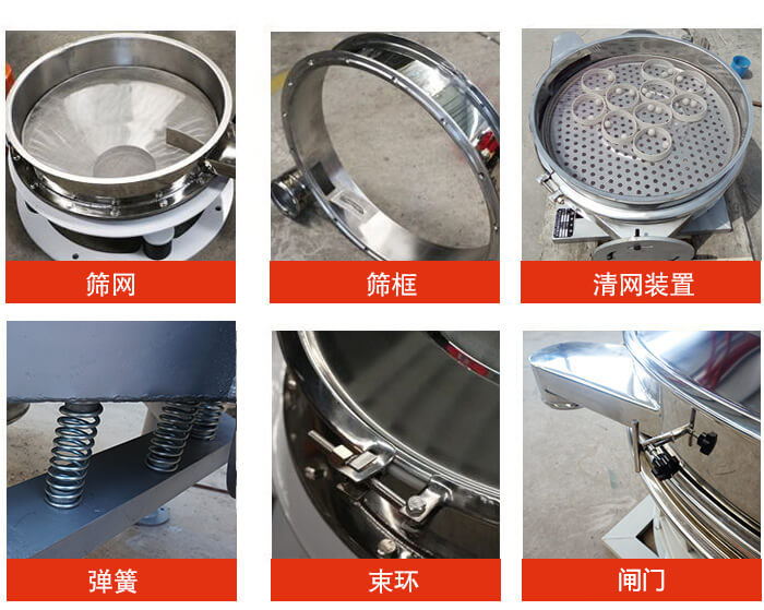 直排篩主要結(jié)構(gòu)：篩網(wǎng)，篩框，清網(wǎng)裝置，彈簧，束環(huán)，閘門等。