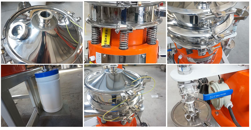 氣體保護(hù)超聲波振動(dòng)篩細(xì)節(jié)：控制閥，料罐，篩網(wǎng)。