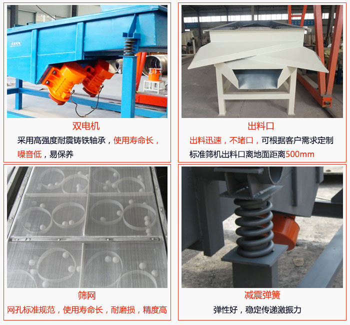 1030直線振動篩雙電機采用高強度耐震鑄鐵軸承使用壽命長、噪音低,易保養(yǎng);出料口排料迅速,不堵口,可根據(jù)客戶需求定制,標準機器出料口離地面距離500mm;篩網(wǎng)網(wǎng)孔標準規(guī)范、使用壽命長,耐磨損、精度高;減震彈簧:彈性好,穩(wěn)定傳遞激振力。