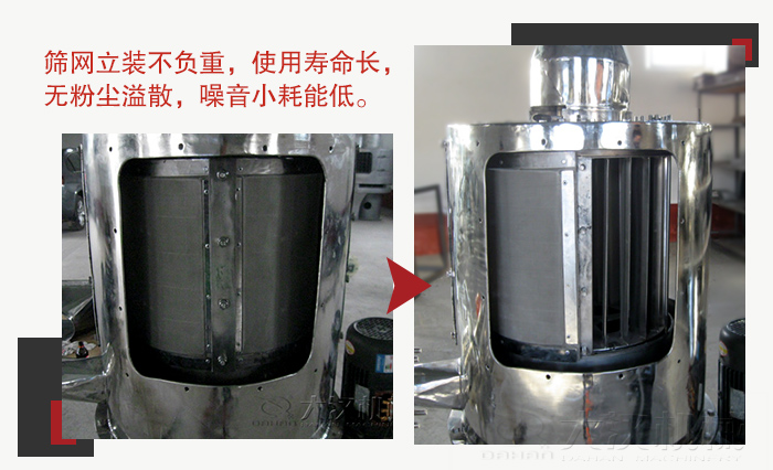 氣流篩采用立式篩網(wǎng)，不受物料的沖擊力的影響，篩網(wǎng)使用壽命長(zhǎng)