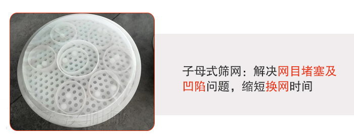 塑料防腐蝕振動(dòng)篩采用子母扣式網(wǎng)架可安裝彈跳球進(jìn)行清網(wǎng)，解決篩網(wǎng)堵塞問(wèn)題。